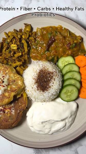 Balanced diet plate with rice, vegetables, dal, curd, and protein portions